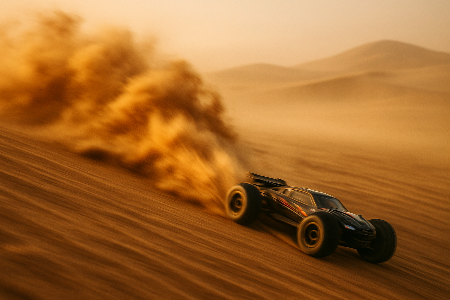RC car racing in the desert, motion blur, huge dust cloud off the wheels, going super fast, hazy air, car about 20% of the image so zoomed out maybe going up a sand dune